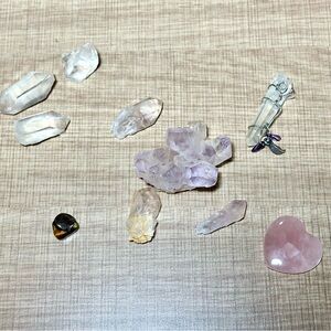 Natural Rose, Lavender and Clear Quartz Crystal Bundle + Tiger’s Eye Gemstone